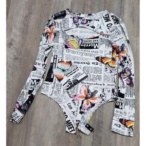 Cacia Newsprint And Butterfly Pattern Long Sleeve Body Suit Top Women L